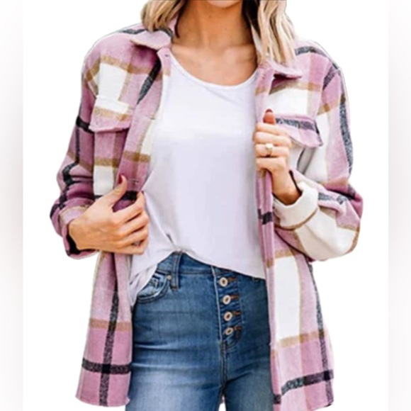 BAILEY ROSE OVERSIDE PLAID Shacket PINK & CREAM– SIZE L - Picture 7 of 10